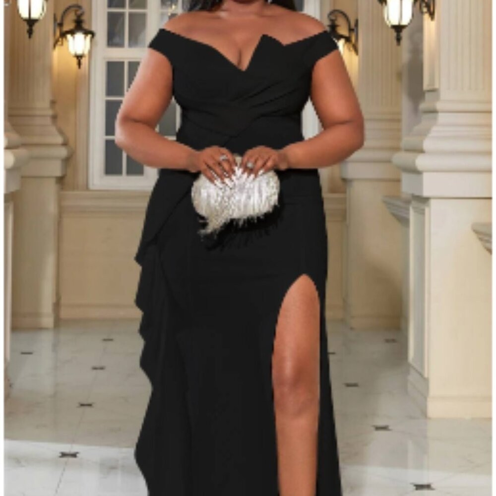XPlusWear Plus Size Design Black Formal Off The Shoulder High Split Maxi Dress
